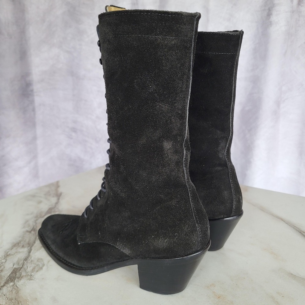 Joan David Tall Lace Up Black Suede Western Boots Womens Size 38 Square Toe - Picture 7 of 16